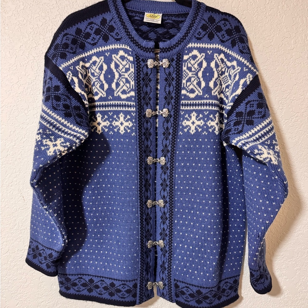 Vintage 100% Wool Norwegian Cardigan with Metal Clasps